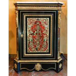 Pretot (1812-1855)-cabinet à Hauteur d'Appui En Marqueterie Boulle Polychrome Aux Atlantes