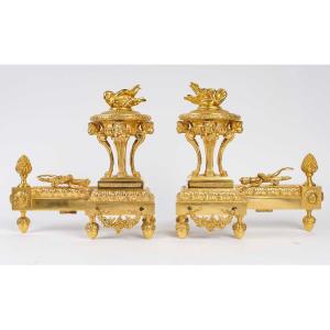 Bouhon, In Paris-pair Of Andirons In Gilded Bronze. Circa 1870.