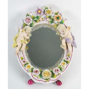 Meissen Porcelain Mirror Decorated With Putti And Flowers, 19th Century