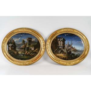 Pair Of Fixed Under Glass With Picturesque Views Forming Pendant. Circa 1850.