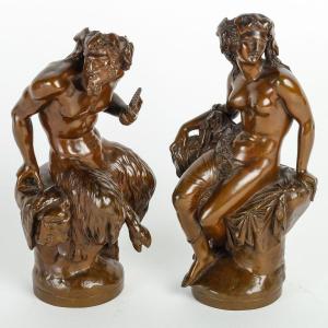 Satyr And Bacchante. Pair Of Bronze Statuettes After Clésinger.