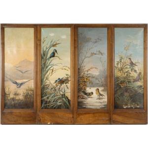 Paravent peint aux oiseaux – début XXe siècle