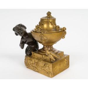 Ledieu-signoret (1853–1903)—*child With A Turtle Dove*. Bronze Inkwell. Circa 1890