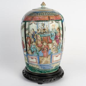 China, 19th Century—polychrome Glazed Porcelain Ginger Jar Decorated With A Wedding Scene