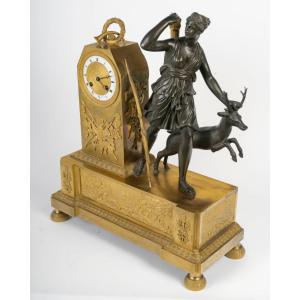 Gaston Jolly Fils, Paris—diane Chasseresse. Empire-style Clock In Patinated And Gilded Bronze