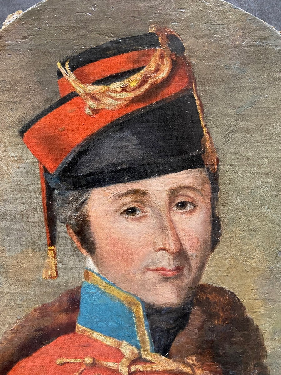 Portrait De Hussard, Fin XVIIIème Siècle, Huile Sur Toile Marouflée Sur Carton-photo-3