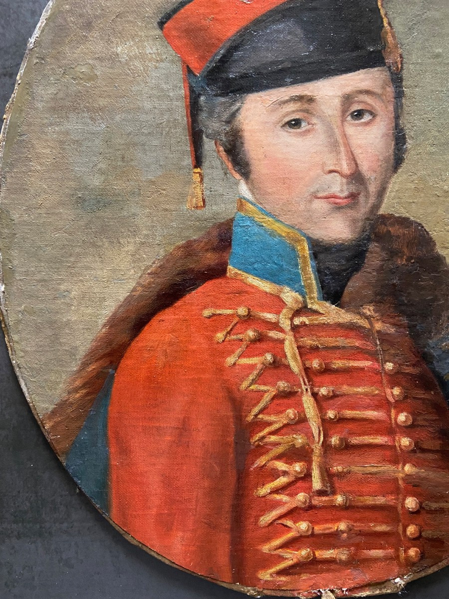 Portrait De Hussard, Fin XVIIIème Siècle, Huile Sur Toile Marouflée Sur Carton-photo-2