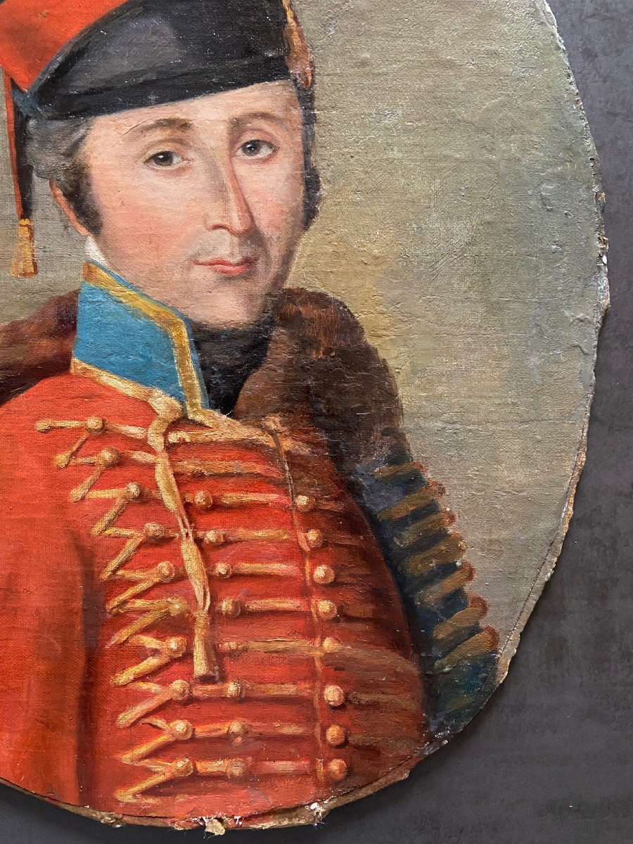 Portrait De Hussard, Fin XVIIIème Siècle, Huile Sur Toile Marouflée Sur Carton-photo-3