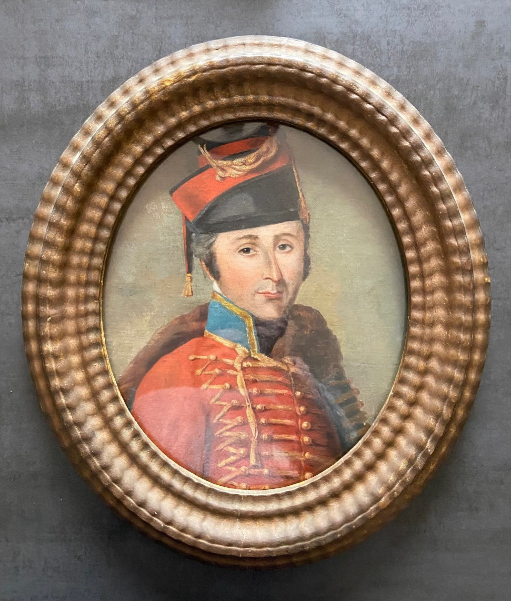 Portrait De Hussard, Fin XVIIIème Siècle, Huile Sur Toile Marouflée Sur Carton