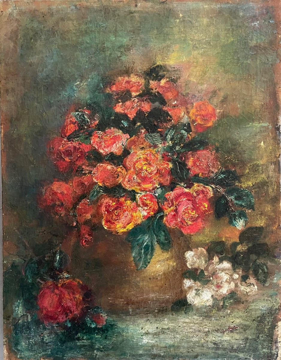 Bouquet Of Roses, Signed Lydie Boute? Oil On Canvas Late 19th Early 20th Century-photo-2
