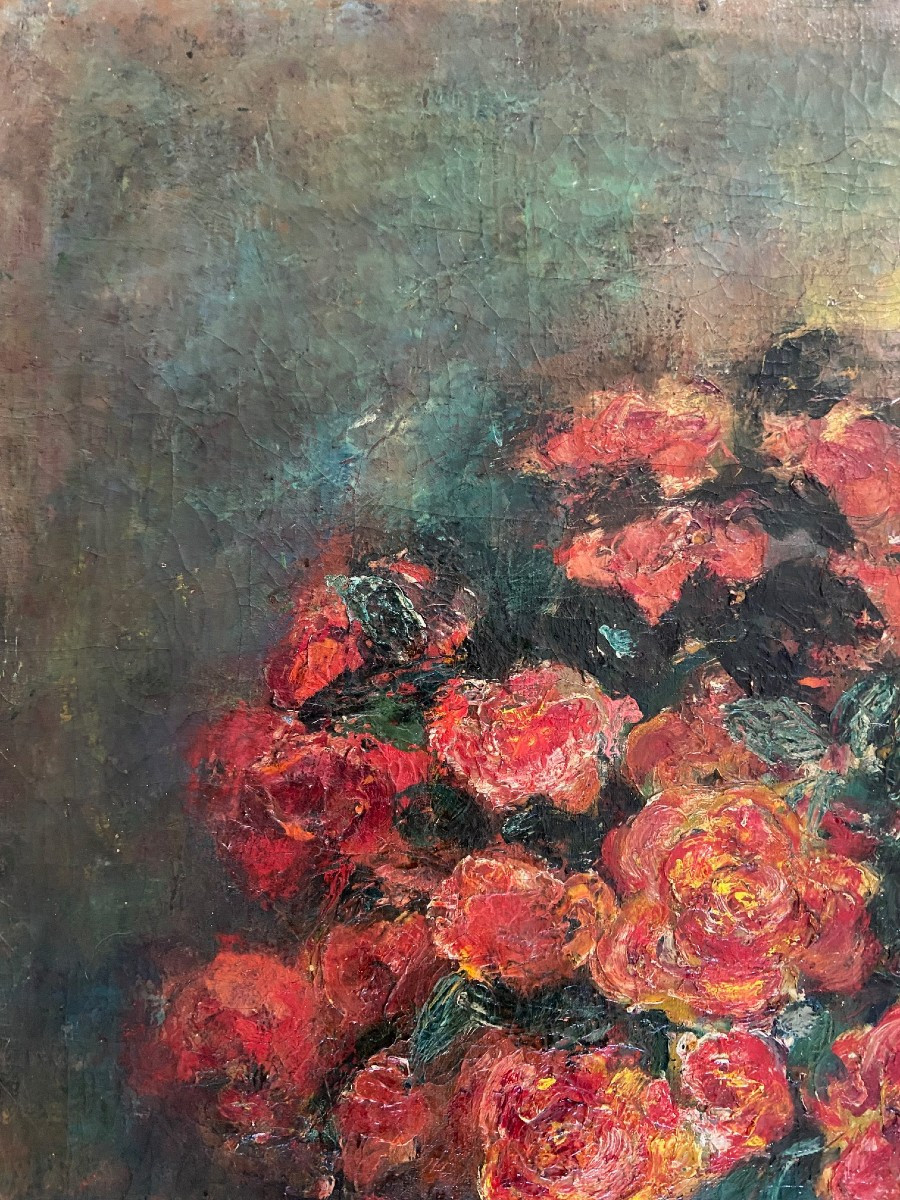 Bouquet Of Roses, Signed Lydie Boute? Oil On Canvas Late 19th Early 20th Century-photo-3