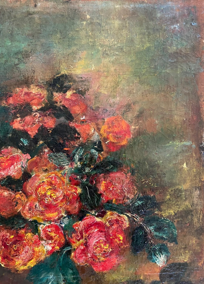 Bouquet Of Roses, Signed Lydie Boute? Oil On Canvas Late 19th Early 20th Century-photo-4