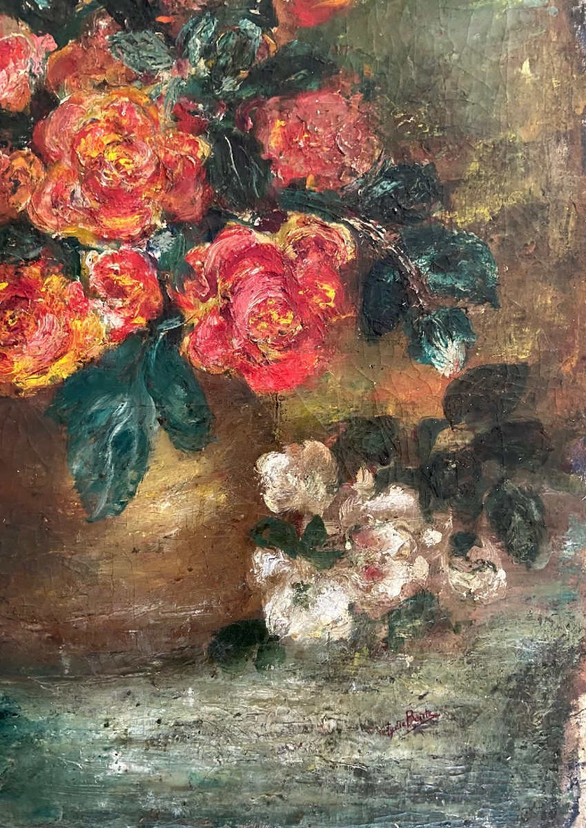 Bouquet Of Roses, Signed Lydie Boute? Oil On Canvas Late 19th Early 20th Century-photo-1