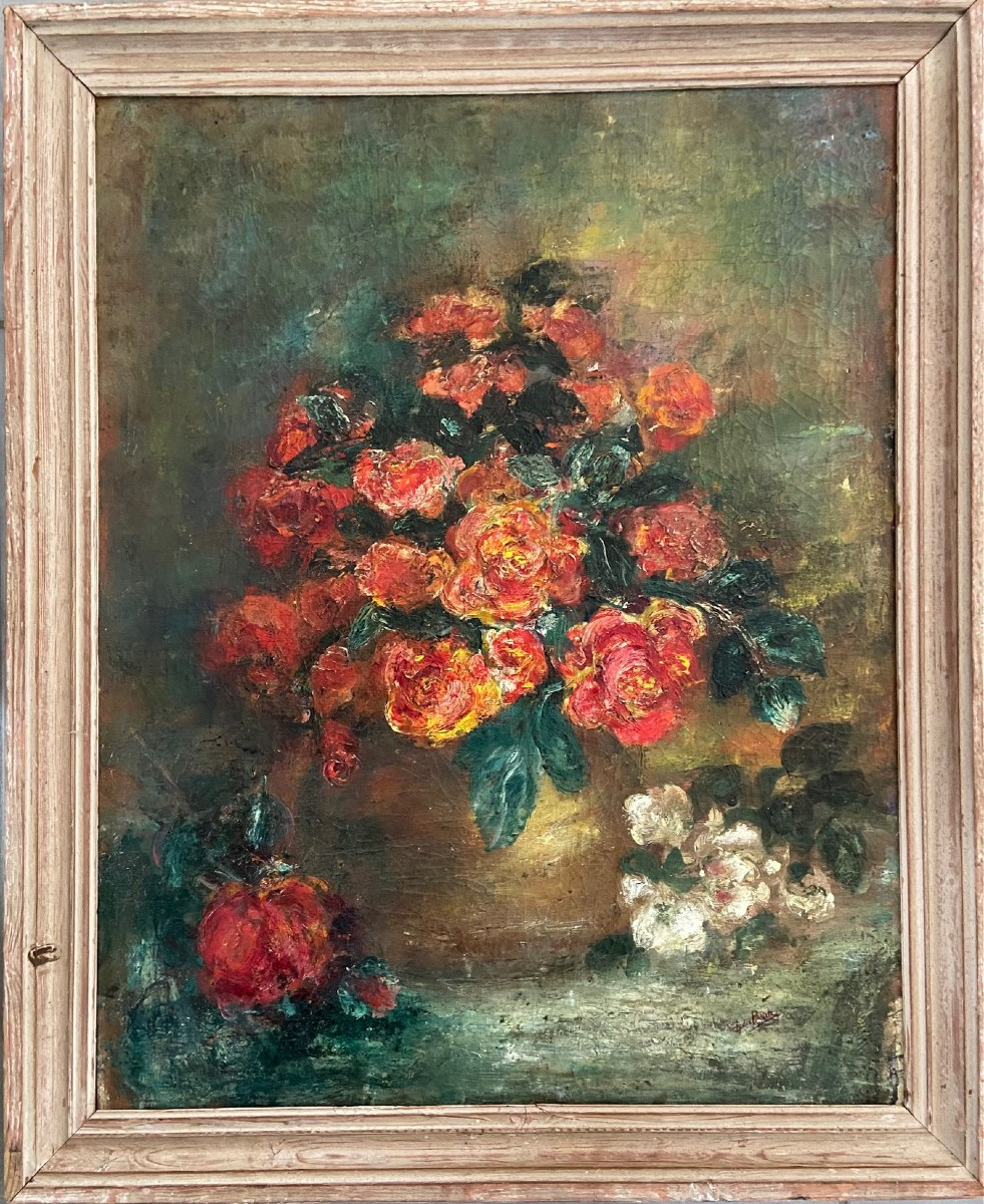 Bouquet Of Roses, Signed Lydie Boute? Oil On Canvas Late 19th Early 20th Century