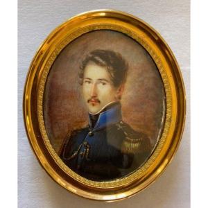 Miniature On Ivory - Portrait Of An Infantry Officer - Louis Philippe Period 