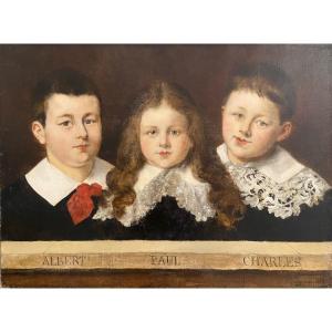 Portrait d'Albert, Paul Et Charles, Huile Sur Toile Signée Et Datée 1885