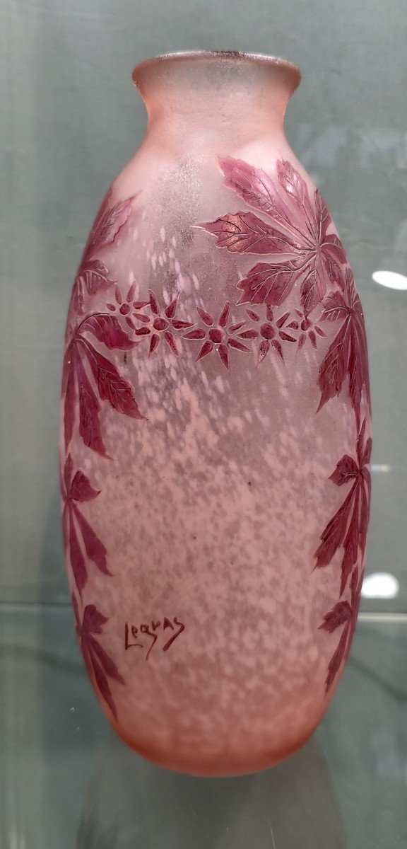 Legras - Vase Potiche à Fond Granité Rose Et à Décor De Feuilles De Peuplier Rouges-photo-2