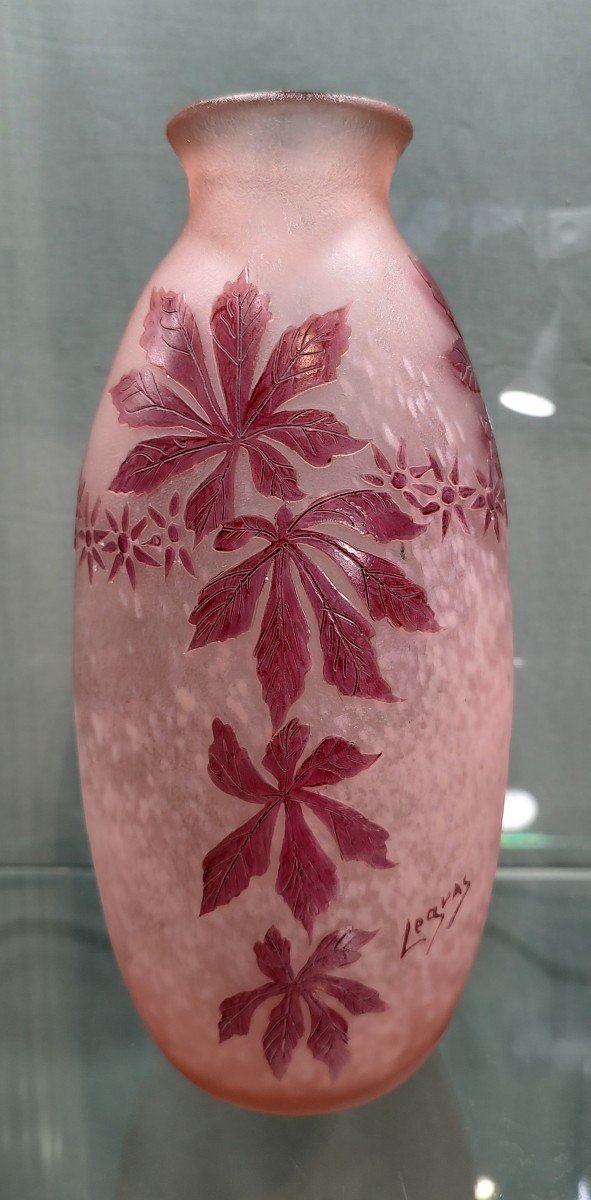 Legras - Vase Potiche à Fond Granité Rose Et à Décor De Feuilles De Peuplier Rouges