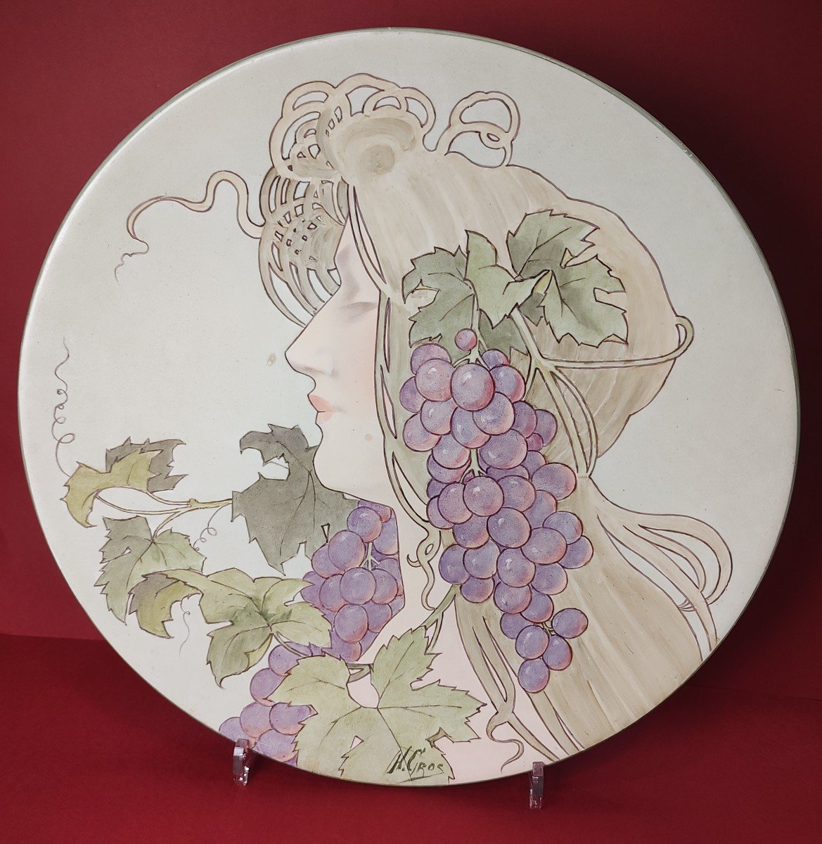 Henri Gros - Circa 1900 - Large Mucha Style Dish Decorated With A Woman Symbolizing Autumn.