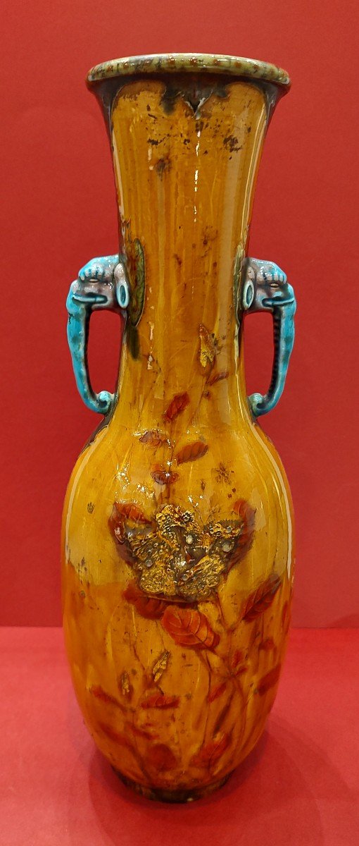 Théodore Deck (1823-1891) - Vase à Décor De Volatiles Et De Fleurs avec anses à tête d'éléphant-photo-2