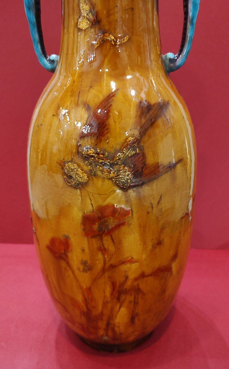 Théodore Deck (1823-1891) - Vase à Décor De Volatiles Et De Fleurs avec anses à tête d'éléphant-photo-3