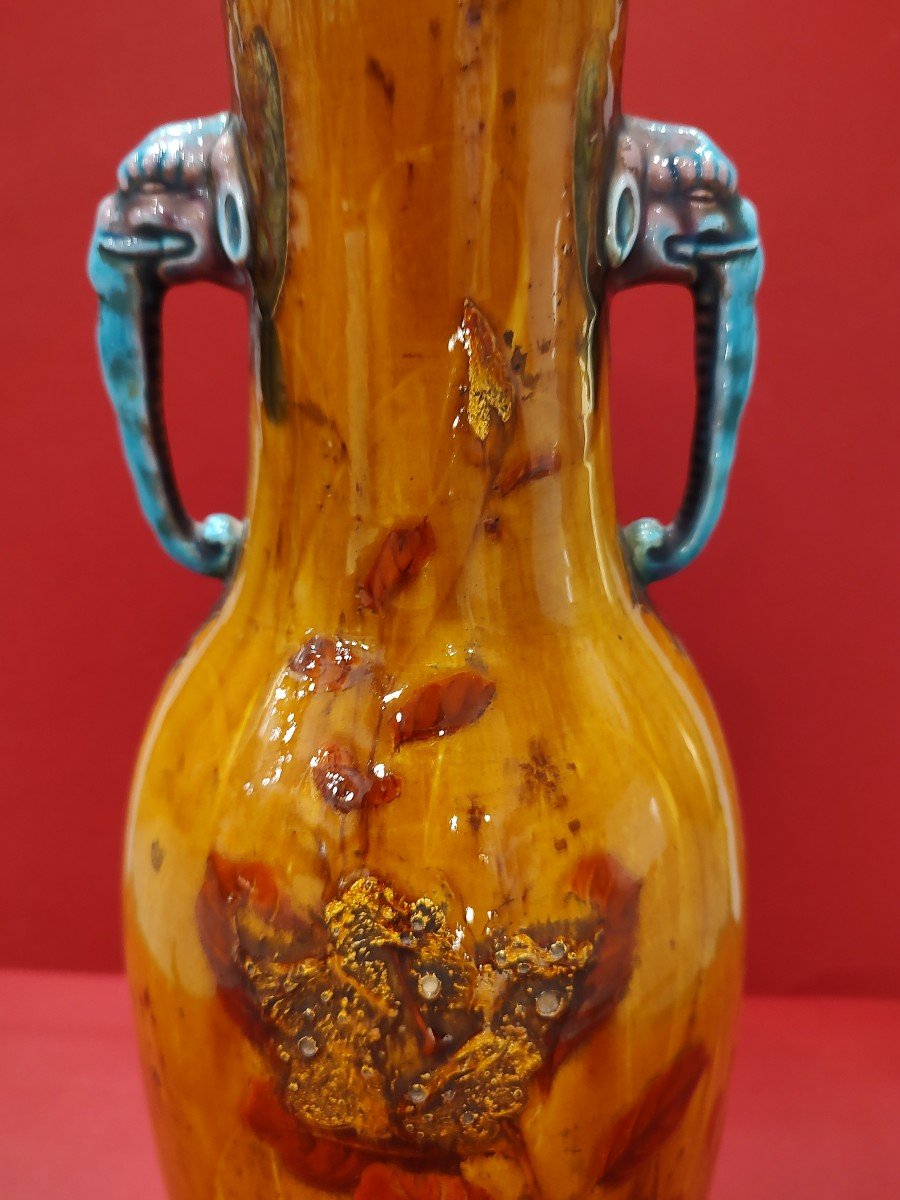 Théodore Deck (1823-1891) - Vase à Décor De Volatiles Et De Fleurs avec anses à tête d'éléphant-photo-4