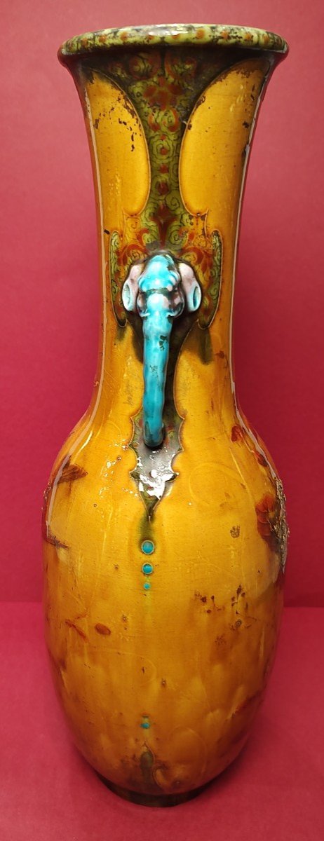 Théodore Deck (1823-1891) - Vase à Décor De Volatiles Et De Fleurs avec anses à tête d'éléphant-photo-2
