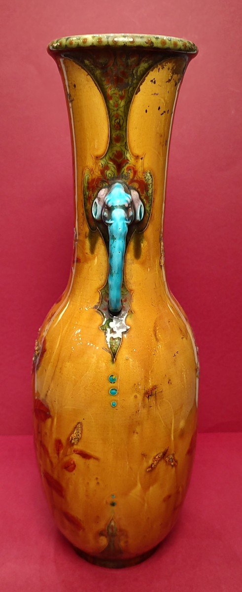 Théodore Deck (1823-1891) - Vase à Décor De Volatiles Et De Fleurs avec anses à tête d'éléphant-photo-3