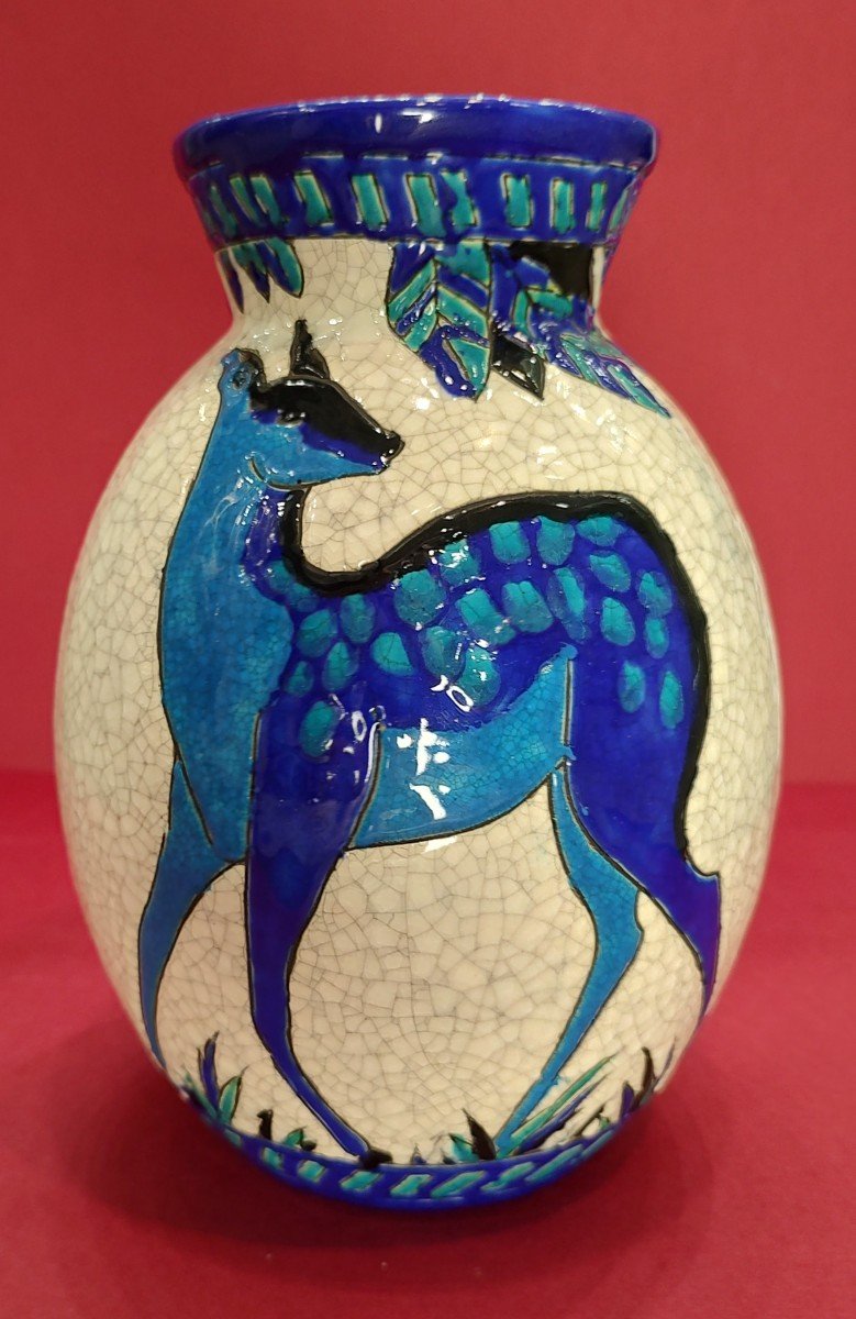 Charles Catteau (1880-1966) - Boch Kéramis Vase, Art Deco, In Enamels, Decorated With Doe And Deer