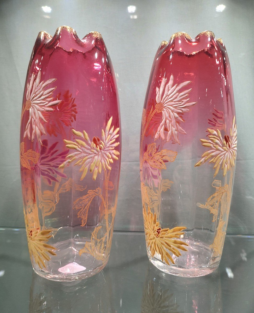 Legras - Pair Of “olga” Vases Decorated With Tokyo Flowers And Gold Guilloché Foliage.-photo-2