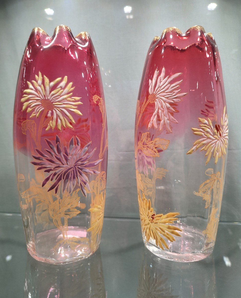 Legras - Pair Of “olga” Vases Decorated With Tokyo Flowers And Gold Guilloché Foliage.-photo-3