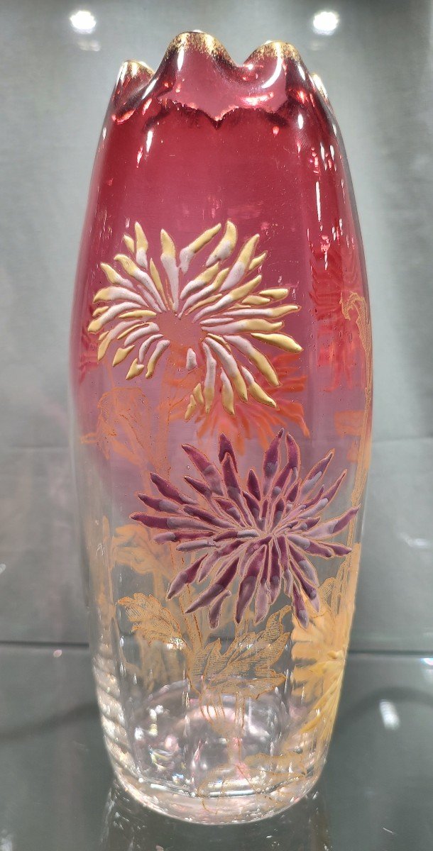 Legras - Pair Of “olga” Vases Decorated With Tokyo Flowers And Gold Guilloché Foliage.-photo-1