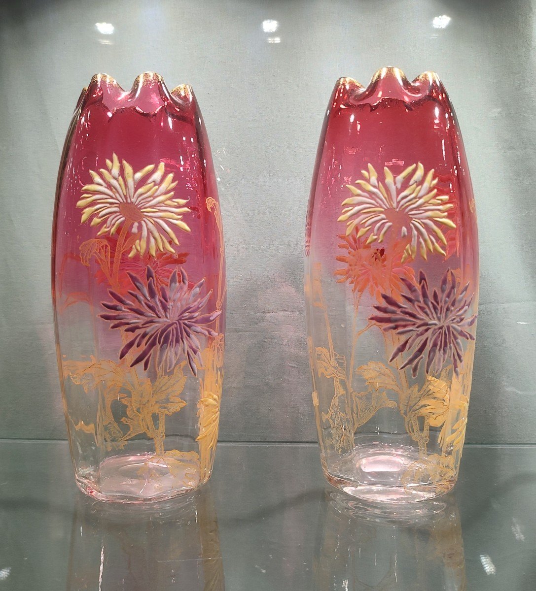 Legras - Pair Of “olga” Vases Decorated With Tokyo Flowers And Gold Guilloché Foliage.