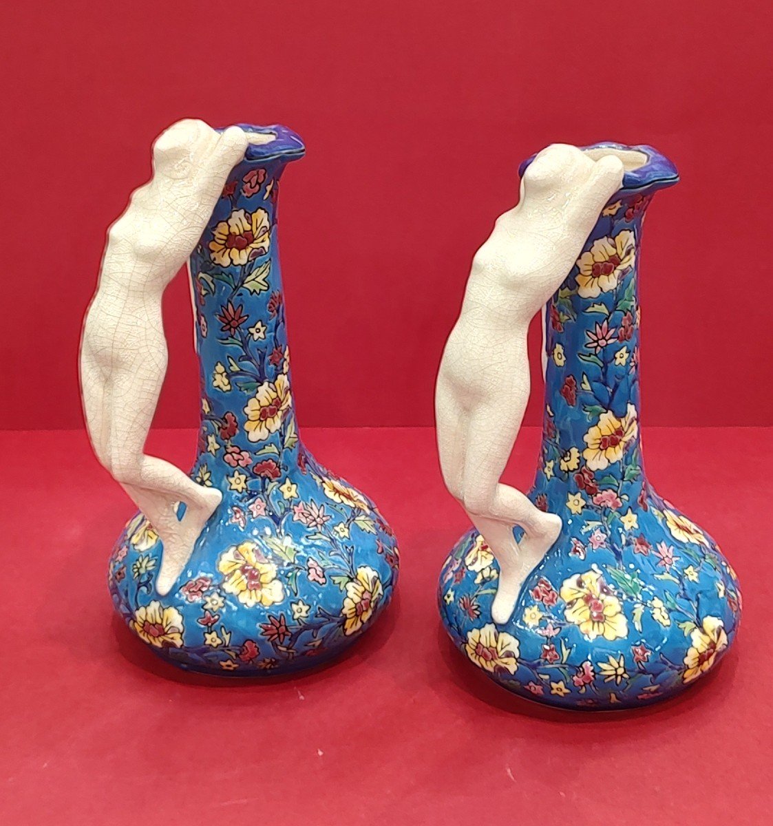 Boch Frères La Louviere - Pair Of Vases With Handles Formed By A Young Woman's Body-photo-2