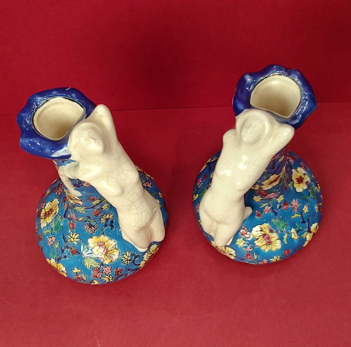 Boch Frères La Louviere - Pair Of Vases With Handles Formed By A Young Woman's Body-photo-3