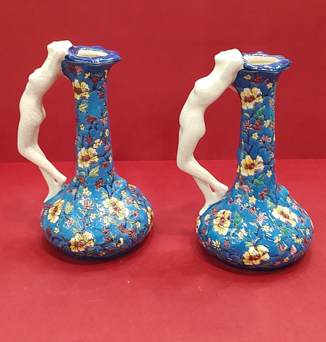 Boch Frères La Louviere - Pair Of Vases With Handles Formed By A Young Woman's Body-photo-1