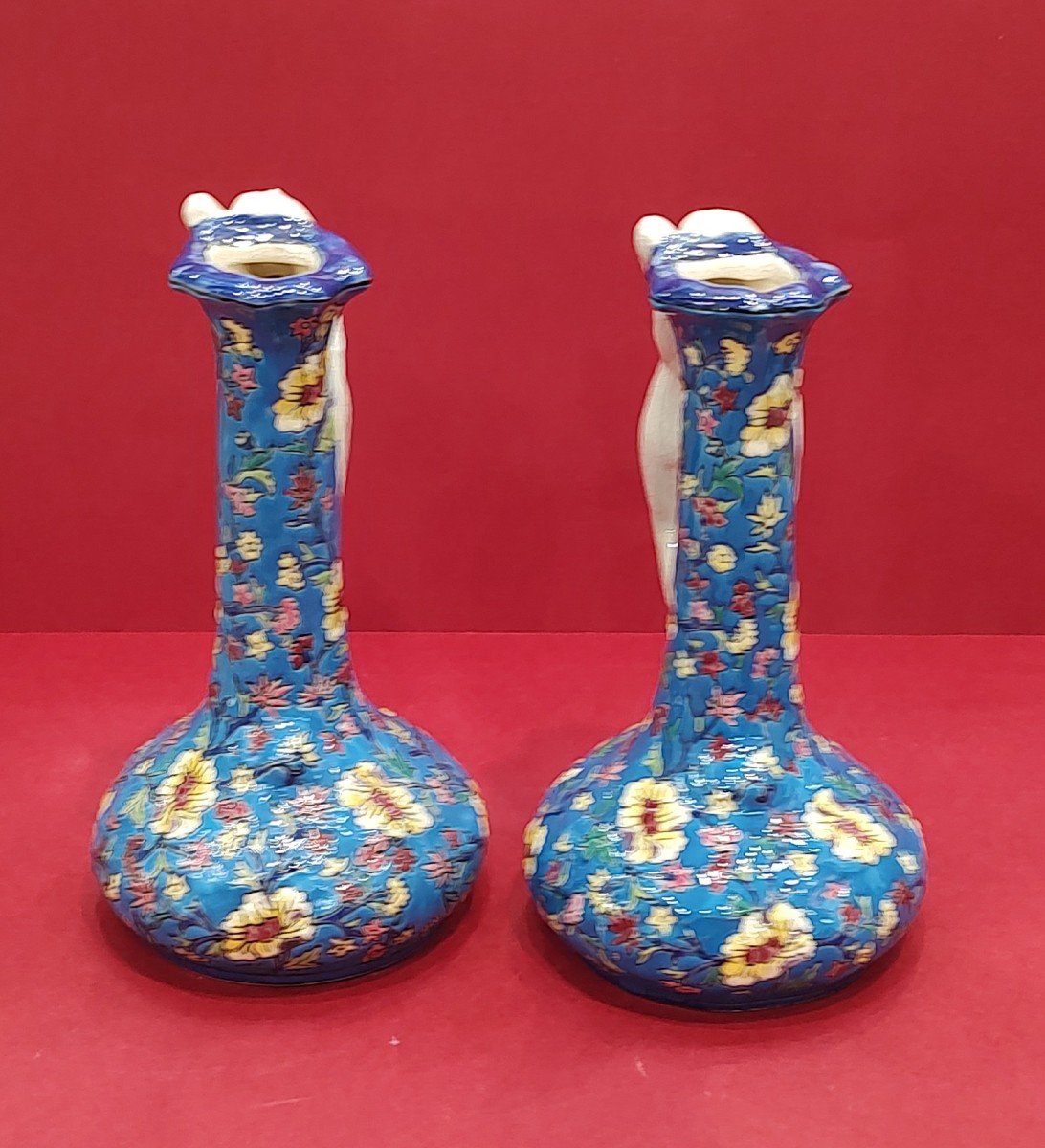 Boch Frères La Louviere - Pair Of Vases With Handles Formed By A Young Woman's Body-photo-2