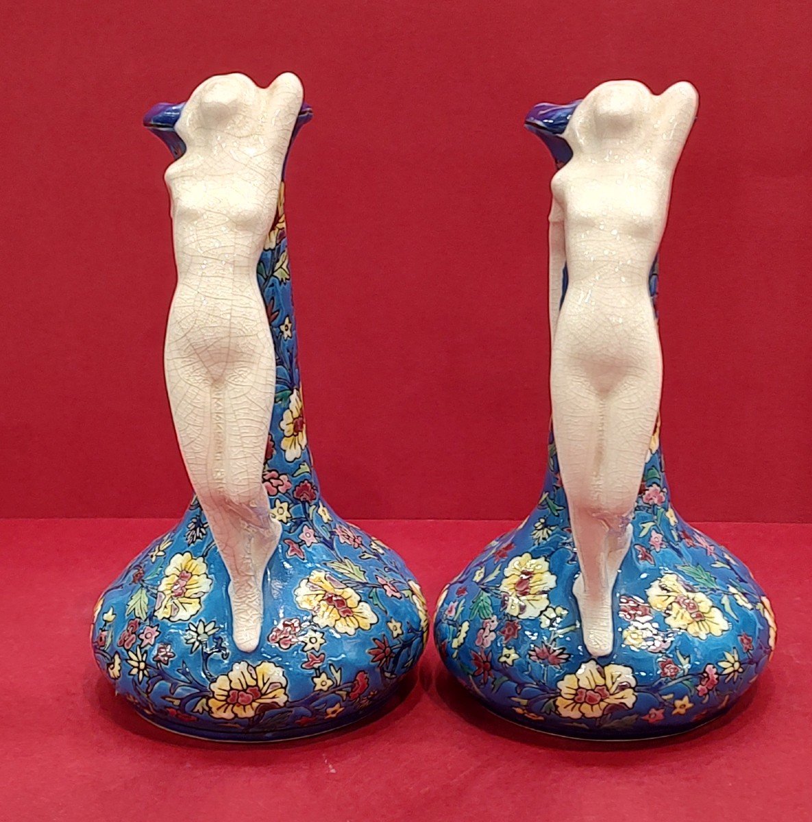 Boch Frères La Louviere - Pair Of Vases With Handles Formed By A Young Woman's Body-photo-4