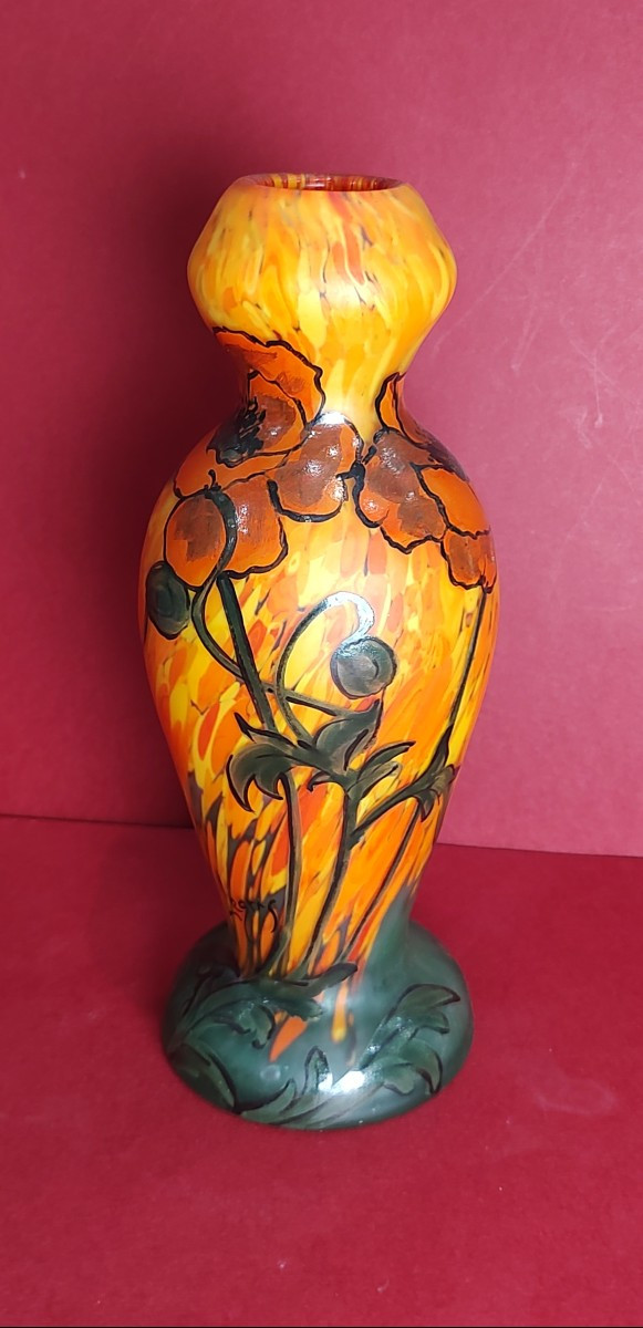 Ets Legras 1916/1936 - Vase With Orange-yellow Marbled Base And Poppy Decoration.-photo-2