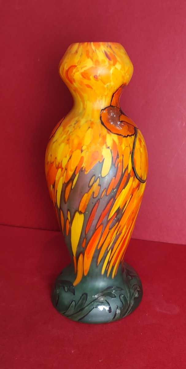 Ets Legras 1916/1936 - Vase With Orange-yellow Marbled Base And Poppy Decoration.-photo-1