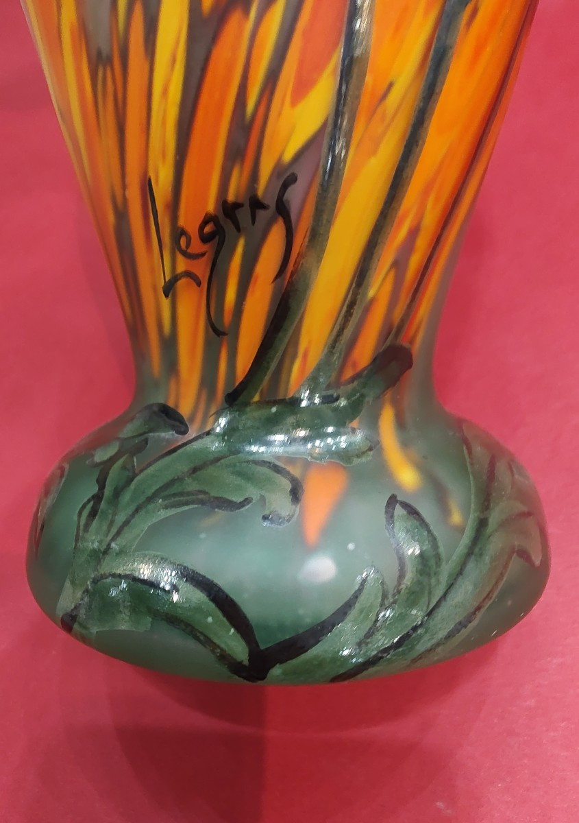 Ets Legras 1916/1936 - Vase With Orange-yellow Marbled Base And Poppy Decoration.-photo-5