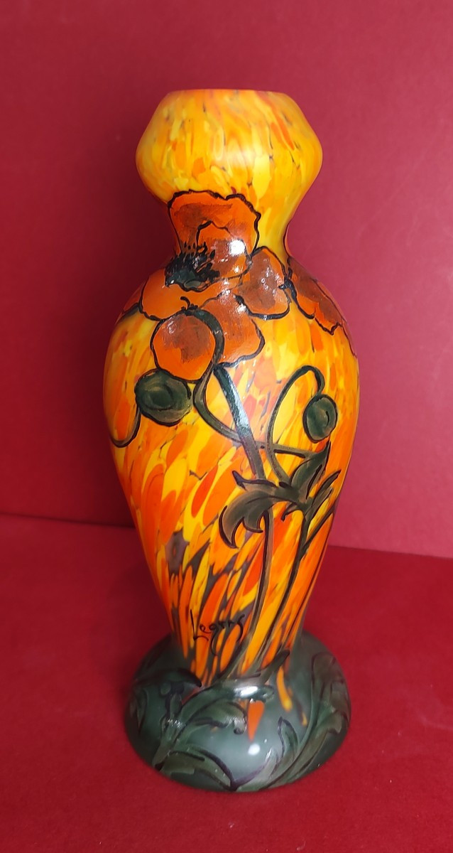 Ets Legras 1916/1936 - Vase With Orange-yellow Marbled Base And Poppy Decoration.
