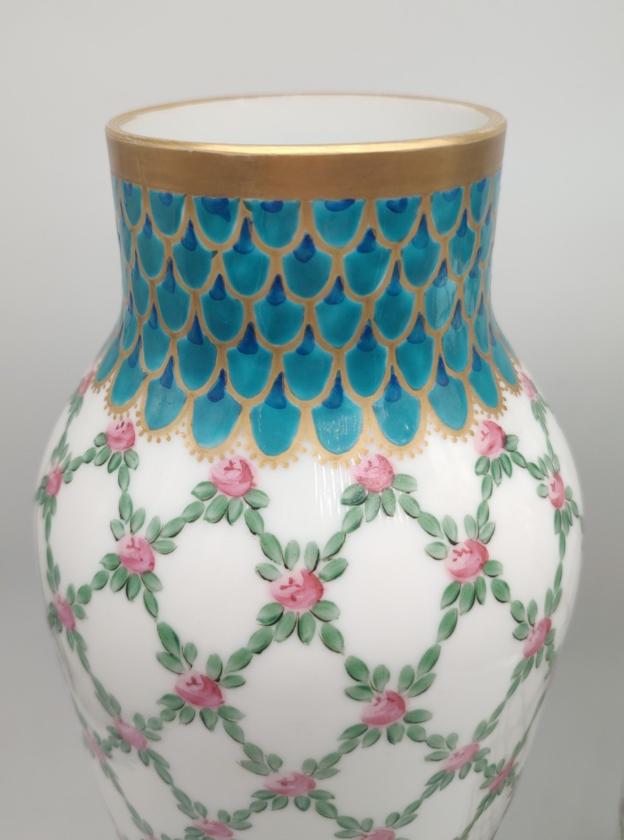 François Théodore LEGRAS  - Paire de vases signés à décor de quadrillage Pompadour-photo-3