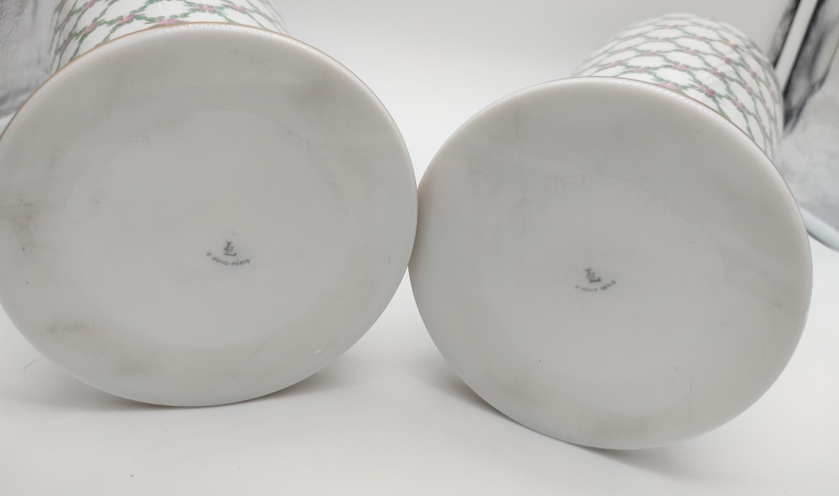 François Théodore LEGRAS  - Paire de vases signés à décor de quadrillage Pompadour-photo-2