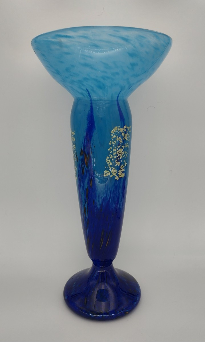 Daum Nancy - Large Blue Powdered Glass Vase, Decorated With The "jade Glass Vase" Series. -photo-2