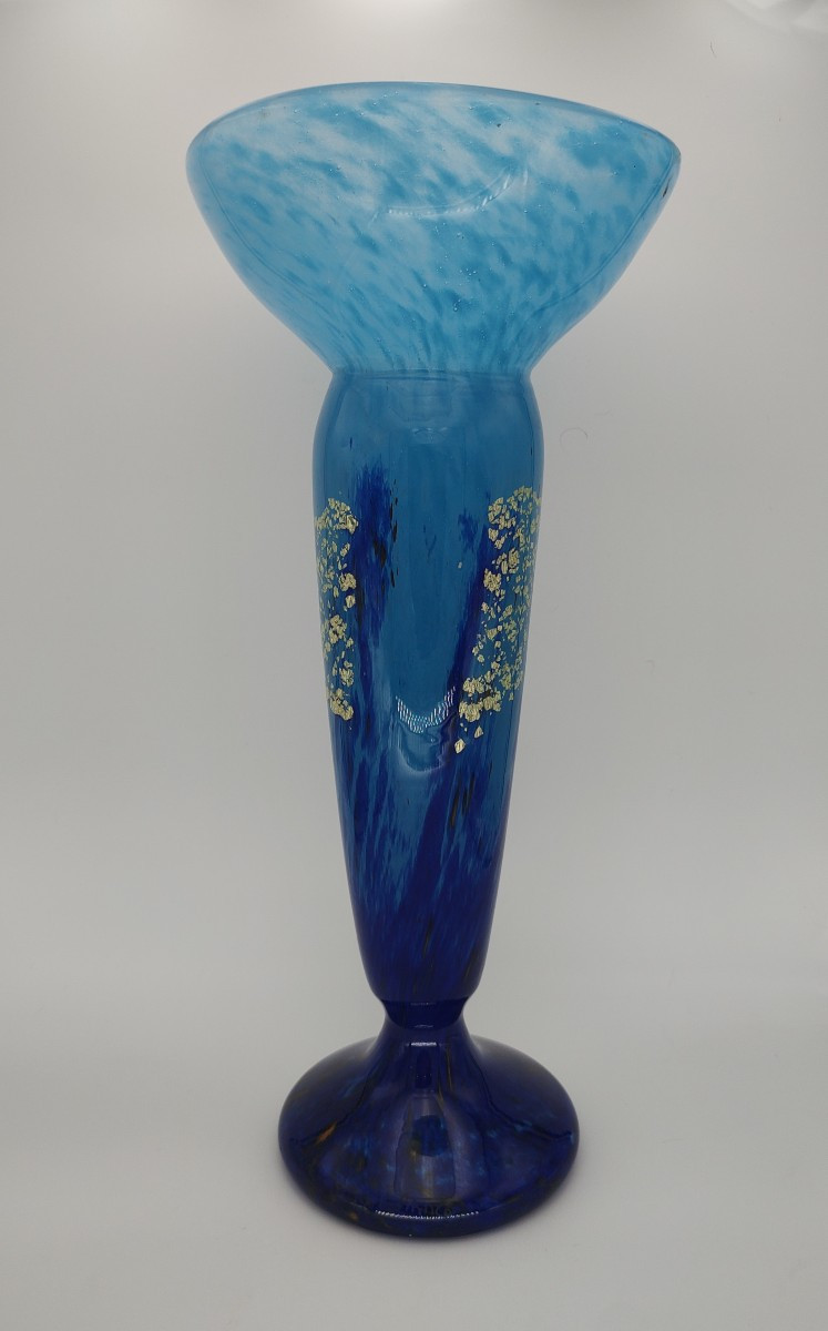 Daum Nancy - Large Blue Powdered Glass Vase, Decorated With The "jade Glass Vase" Series. -photo-3