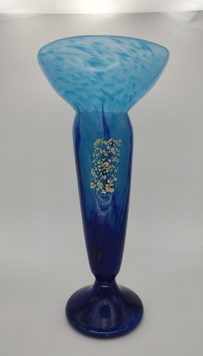 Daum Nancy - Large Blue Powdered Glass Vase, Decorated With The "jade Glass Vase" Series. -photo-1