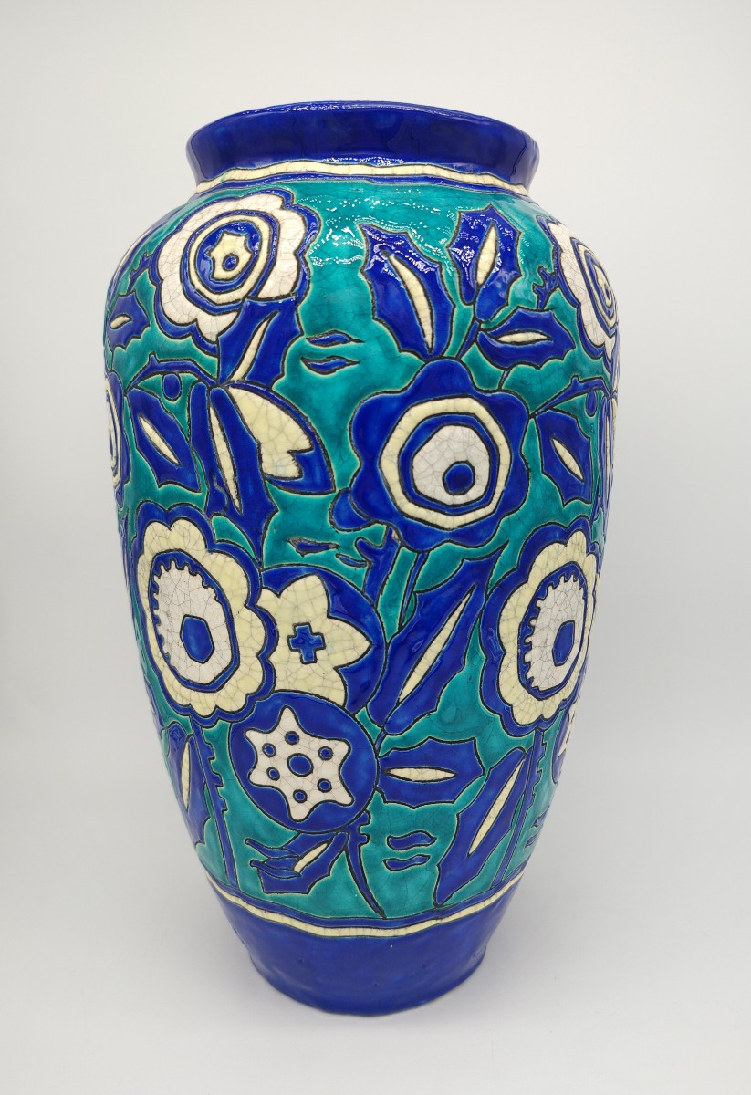 Keramis - Large Vase With Stylized Floral Decoration-photo-2