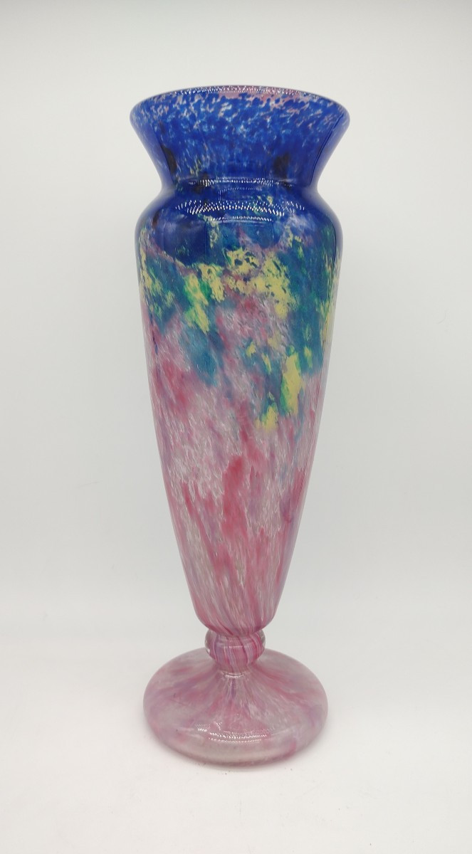 Charles Schneider (1881-1953) - Large Vase With Powdered Decoration Of Blues, Yellows And Pinks.-photo-3
