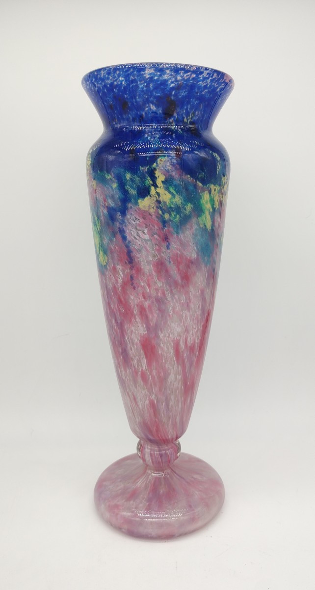 Charles Schneider (1881-1953) - Large Vase With Powdered Decoration Of Blues, Yellows And Pinks.-photo-4